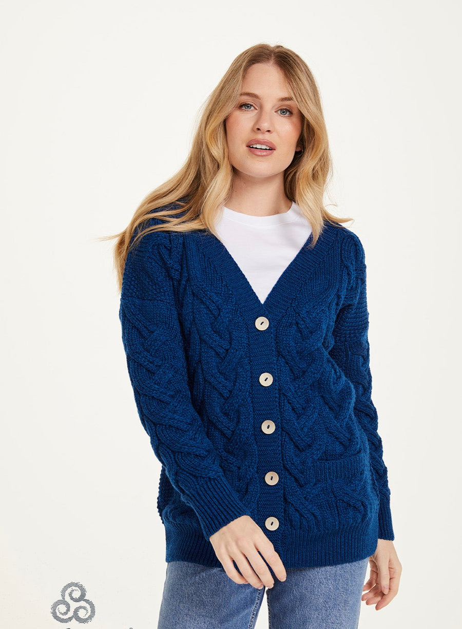 Aran - V-neck Cable Cardigan with Buttons - Deep blue