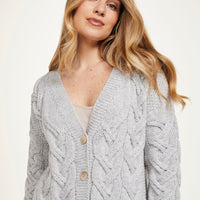 Aran - V-neck Cable Cardigan with Buttons - Feather grey