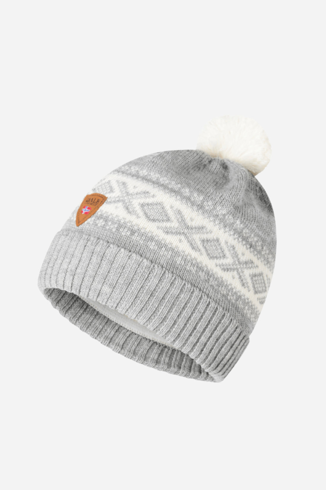 Gray knit beanie with a white pom-pom on a white background