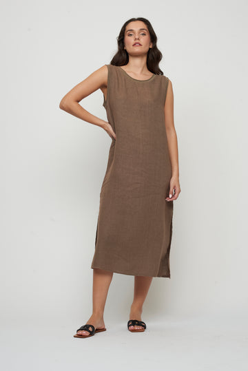 Pistache - Sleeveless Maxi Linen Dress - Taupe