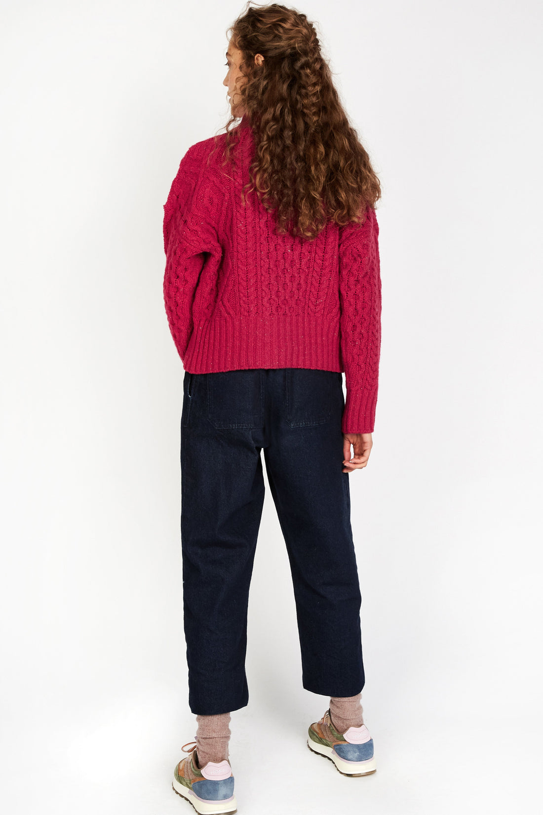 Liberty Diamond Crew Sweater in Bramble Berry from behind