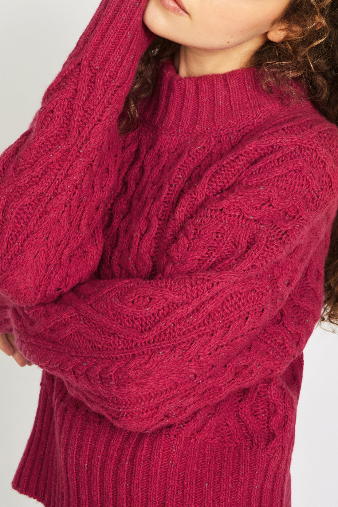 Liberty Diamond Crew Sweater in Bramble Berry close up.