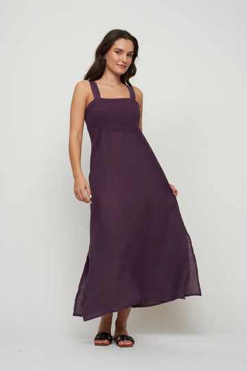 Pistache - Maxi Linen Bunched Top Sleeveless Dress - Deep violet