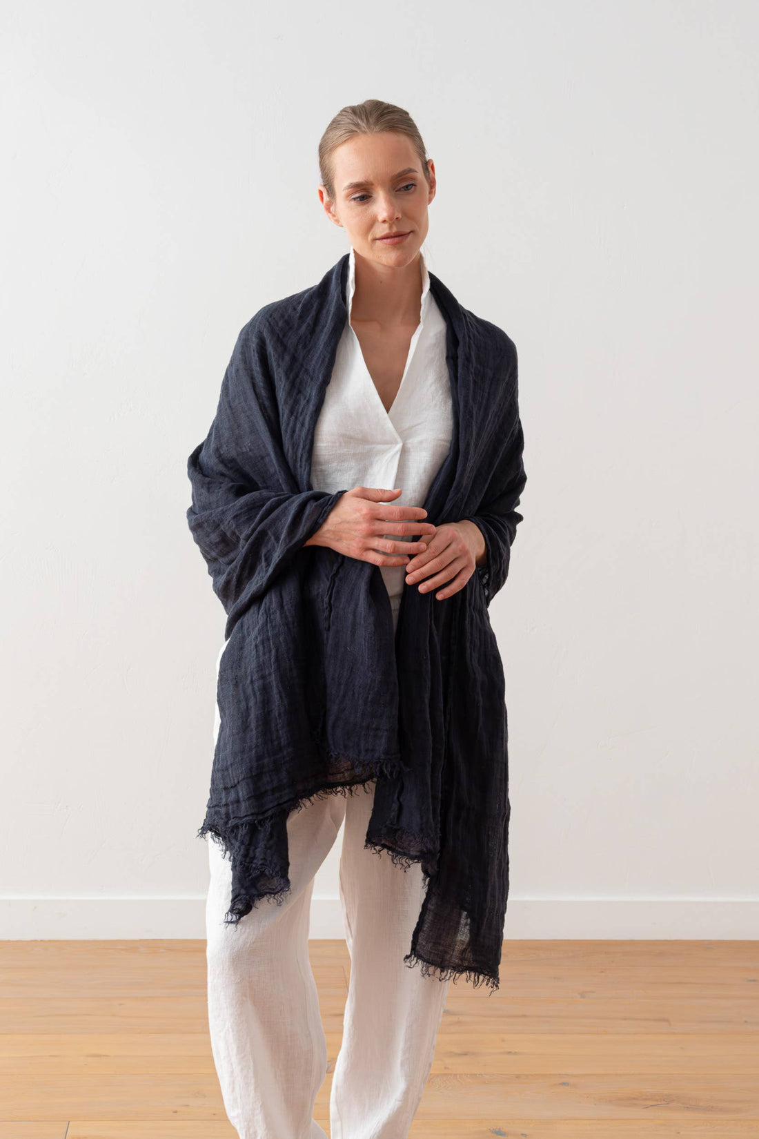 Linen Fringe Shawl - Night Blue