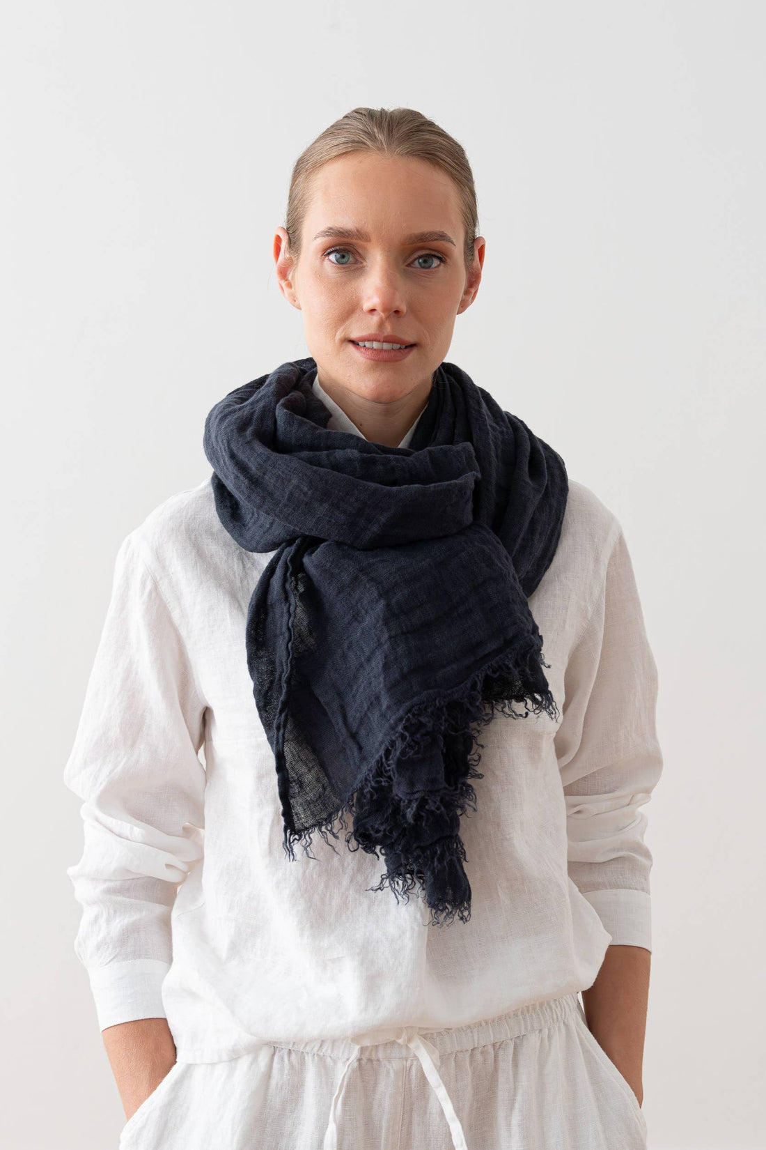 Linen Fringe Shawl - Night Blue