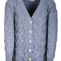 Aran - V-neck Cable Cardigan with Buttons - Ocean grey