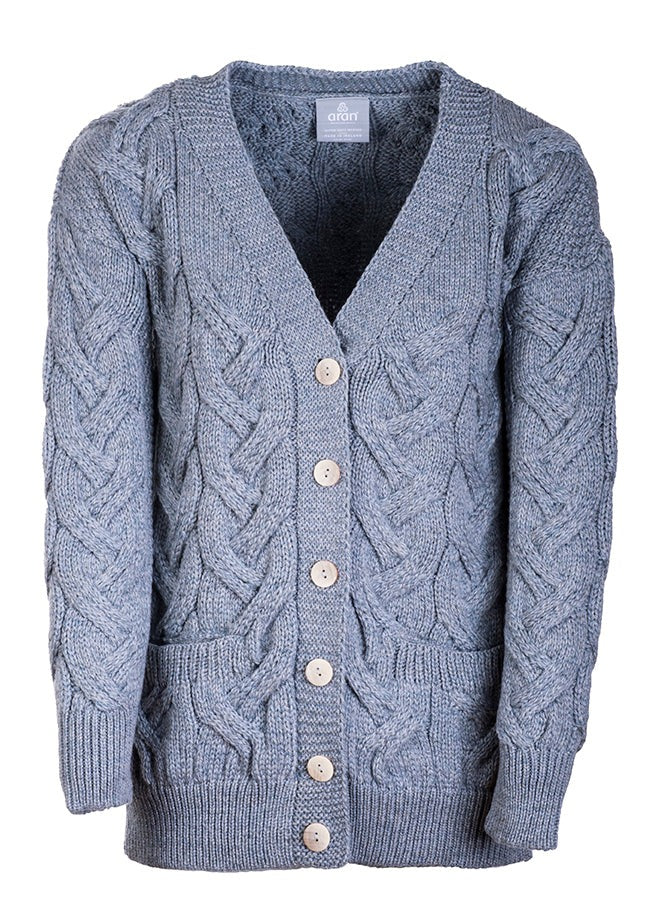 Aran - V-neck Cable Cardigan with Buttons - Ocean grey