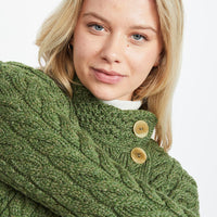 Aran- Asymmetrical Cardigan with Buttons - Green