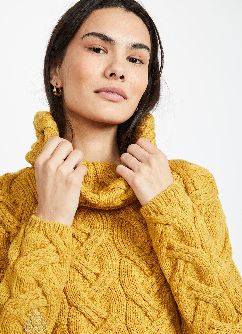 Irish Cable Knit sweater with Cowl Neck Yellow Amos & Andes