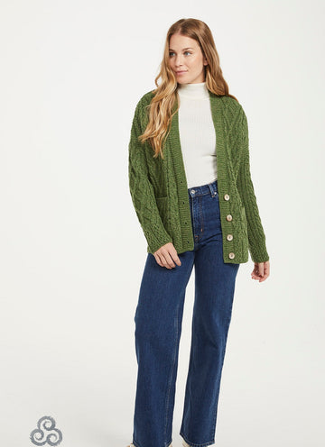 Aran - Vented box Cardigan with Buttons and trellis - Green