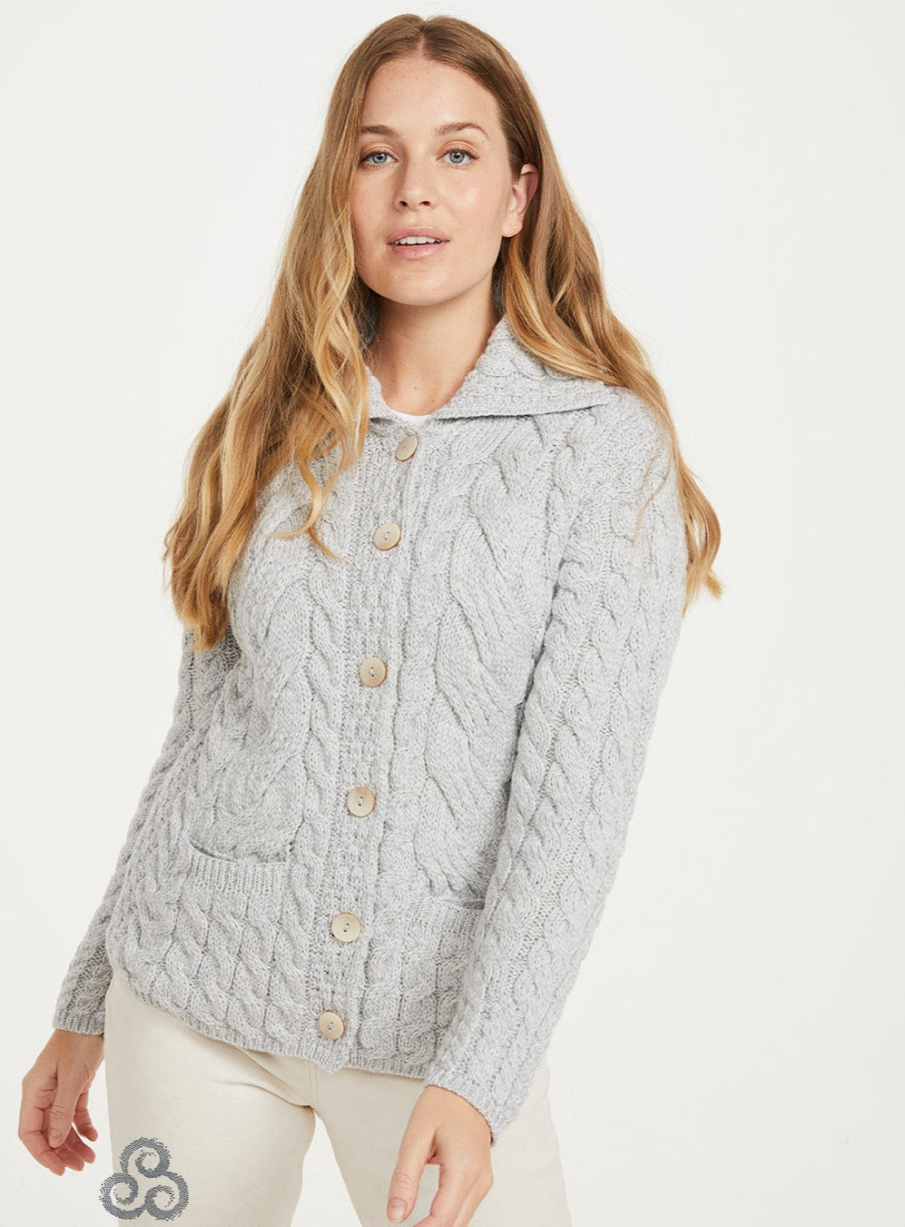 Aran - Button Cable Cardigan - Feather grey