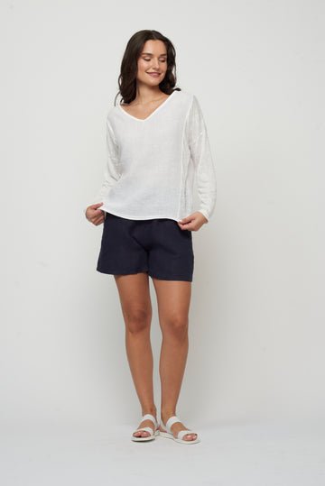 Pistache - Loose Linen Shorts Women - Navy