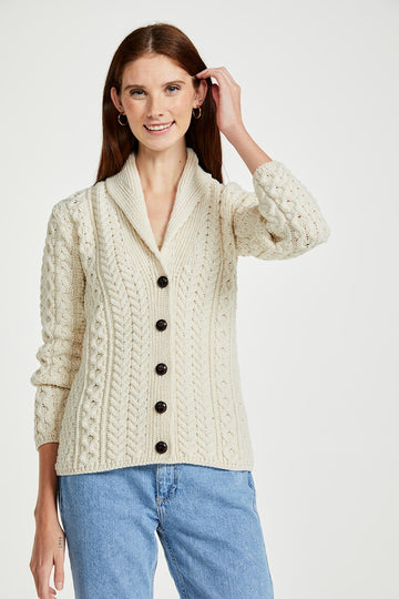 Aran - Shawl Collar Cardigan with Buttons - White