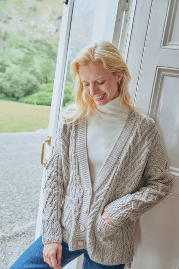 Aran - Vented box Cardigan with Buttons and trellis - Feather grey