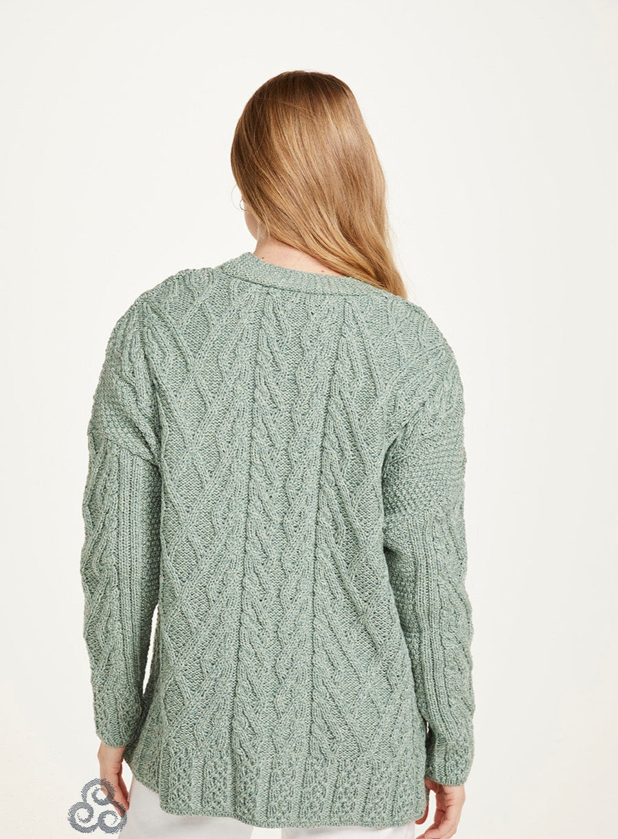 Aran - Vented box Cardigan with Buttons and trellis - Sea Green
