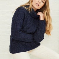 Aran - Merino Oversized Sweater with Cowl Neck - Navy