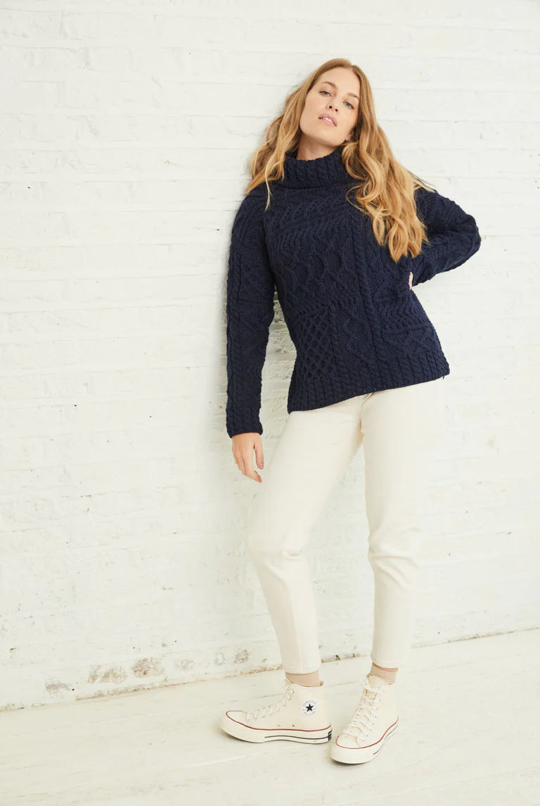 Aran - Merino Oversized Sweater with Cowl Neck - Navy