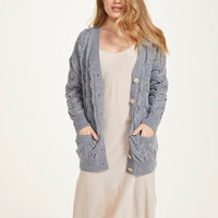 Aran - V-neck Cable Cardigan with Buttons - Ocean grey