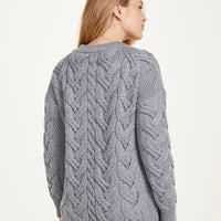 Aran - V-neck Cable Cardigan with Buttons - Ocean grey