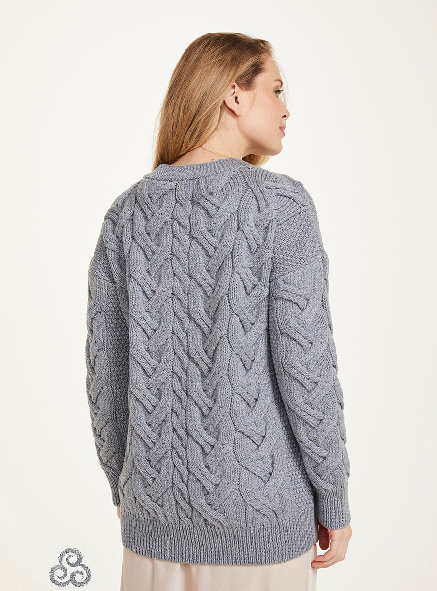 Aran - V-neck Cable Cardigan with Buttons - Ocean grey