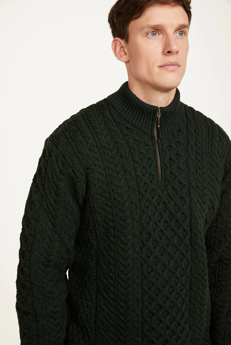 Aran - Ballycroy Mens Aran Half Zip Sweater - Forest Green