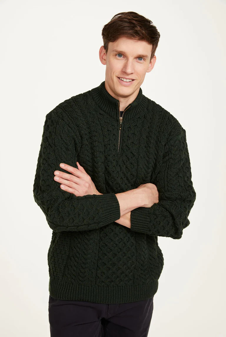 Aran - Ballycroy Mens Aran Half Zip Sweater - Forest Green