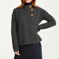 Aran - Asymmetrical Cardigan with Buttons - Charcoal