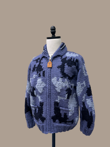 Canadian Knit Sweater in Blue/Black on a mannequin