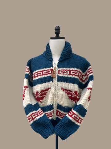 Canadian Knit Sweater in Dark Blue/Red on a mannequin