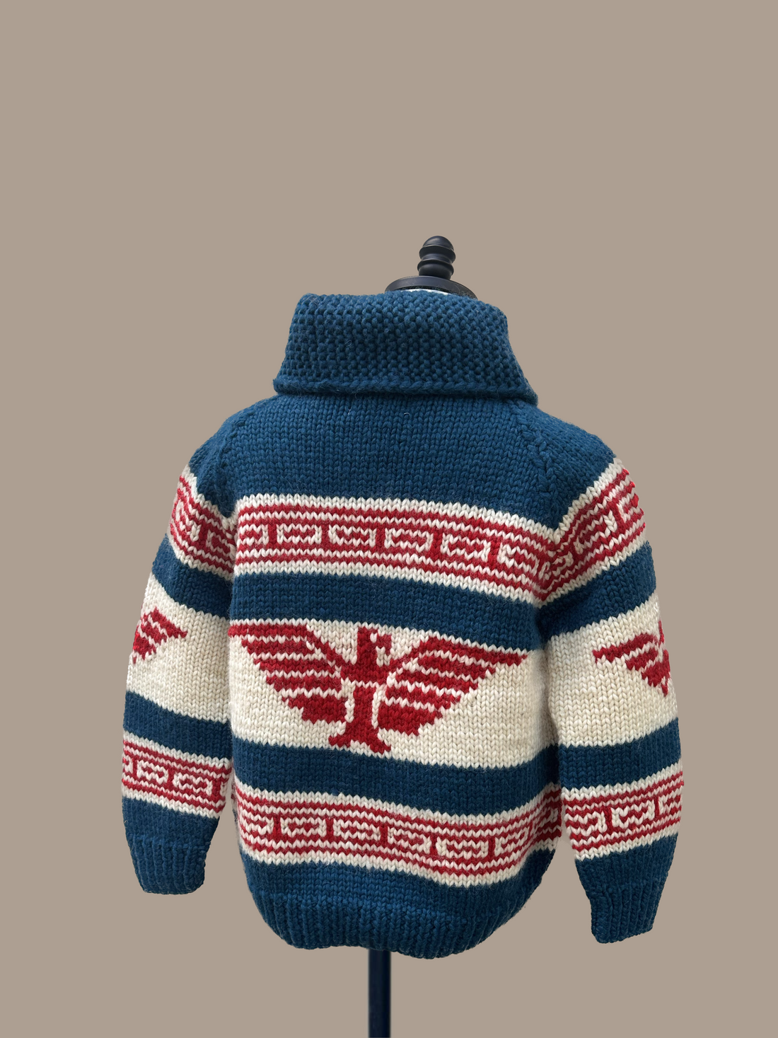 Canadian Knit Sweater in Dark Blue/Red on a mannequin from behind