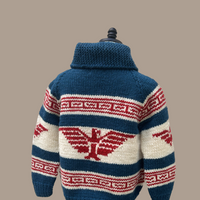 Canadian Knit Sweater in Dark Blue/Red on a mannequin from behind