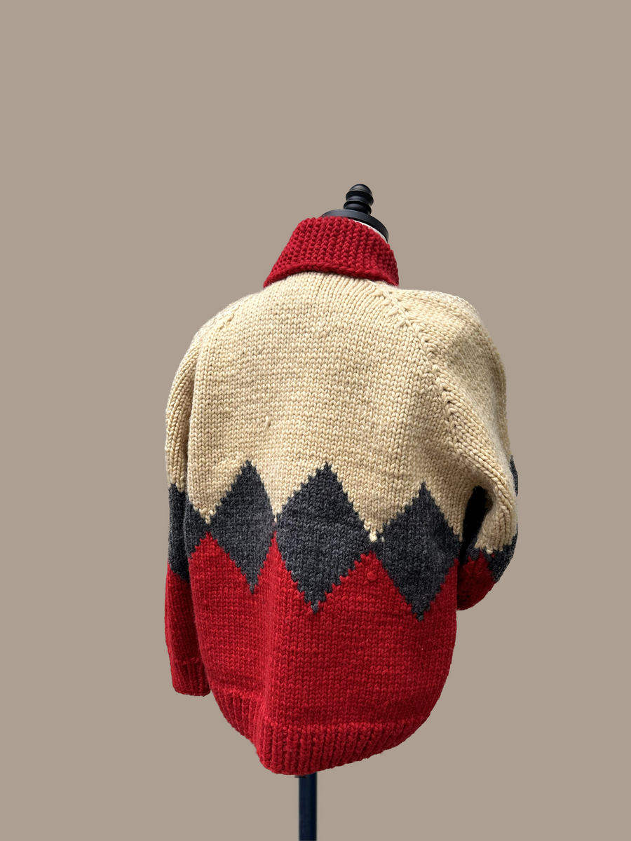 Canadian Knit Sweater Red/Cream on a mannequin from behind