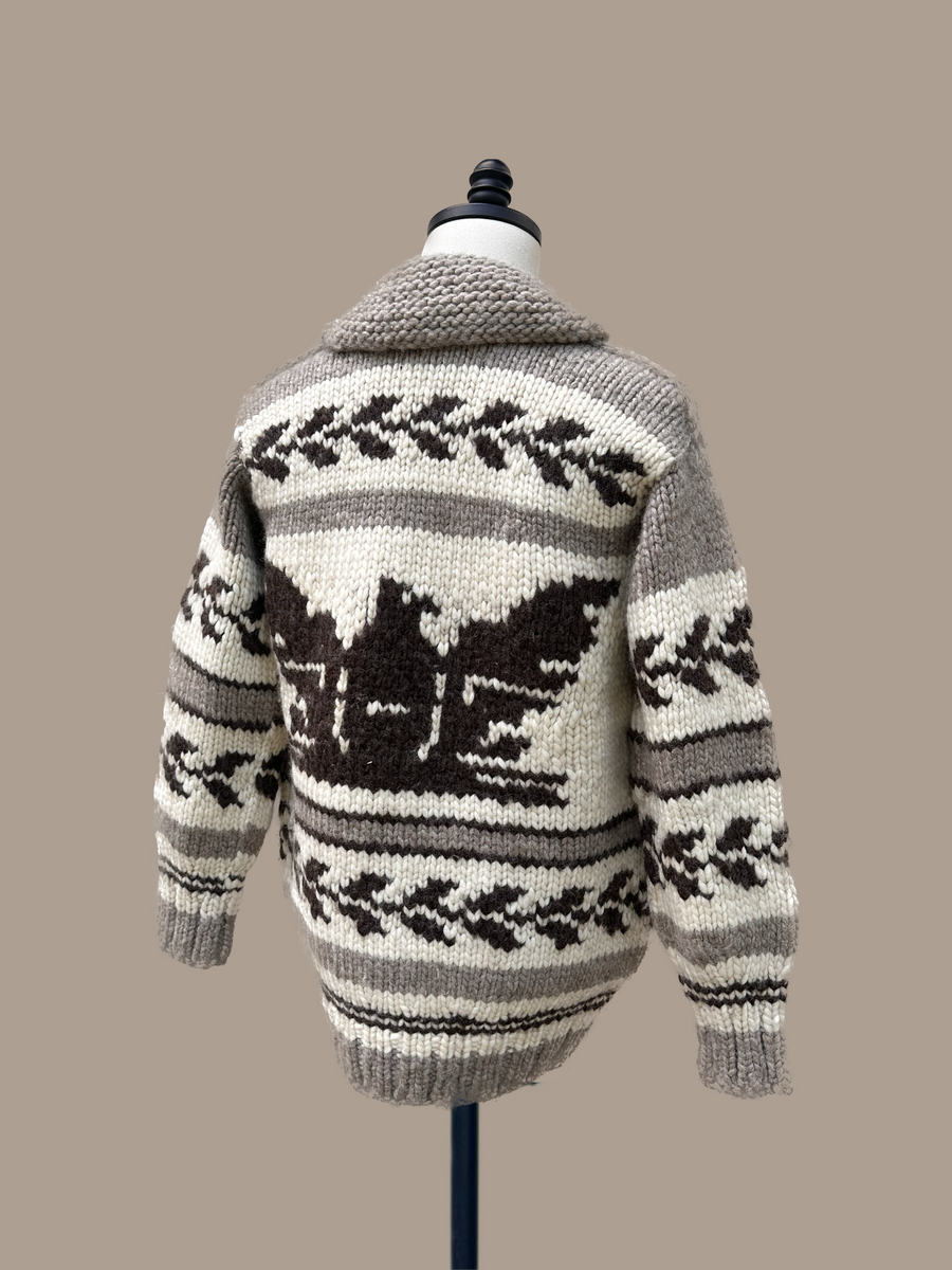 Cowichan Sweater 44" on a mannequin from behind