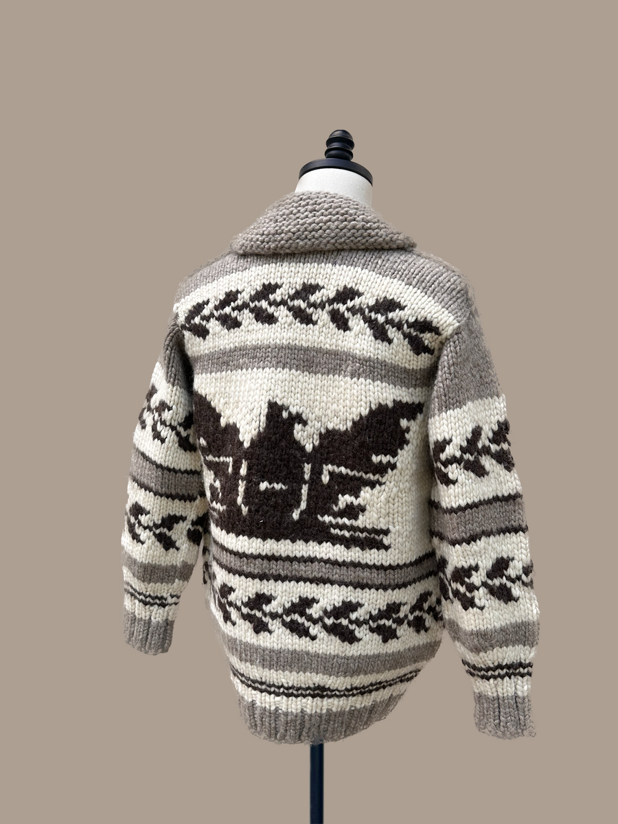 Cowichan Sweater 46" on a mannequin from behind