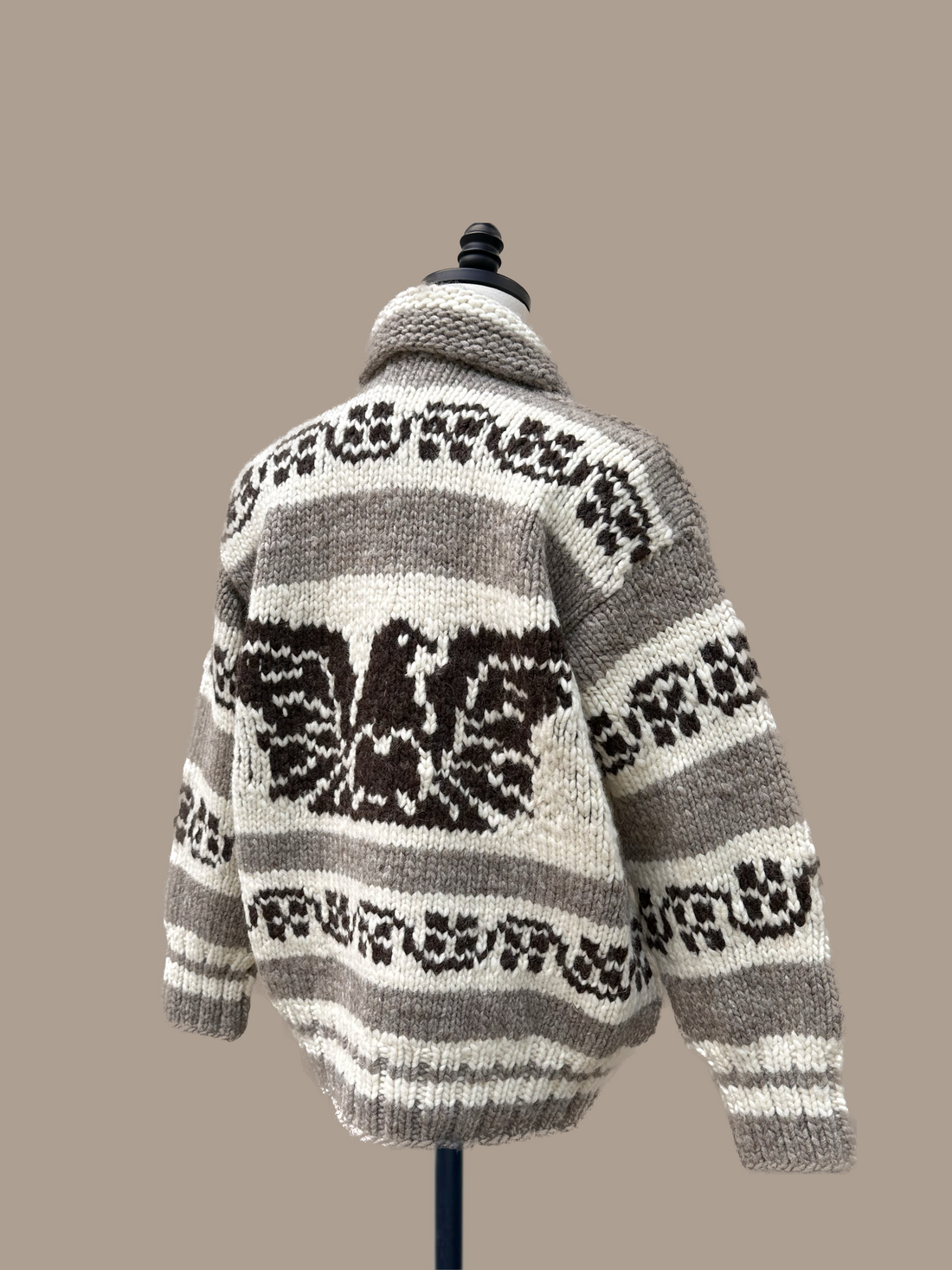 Cowichan Sweater 48" on a mannequin from behind