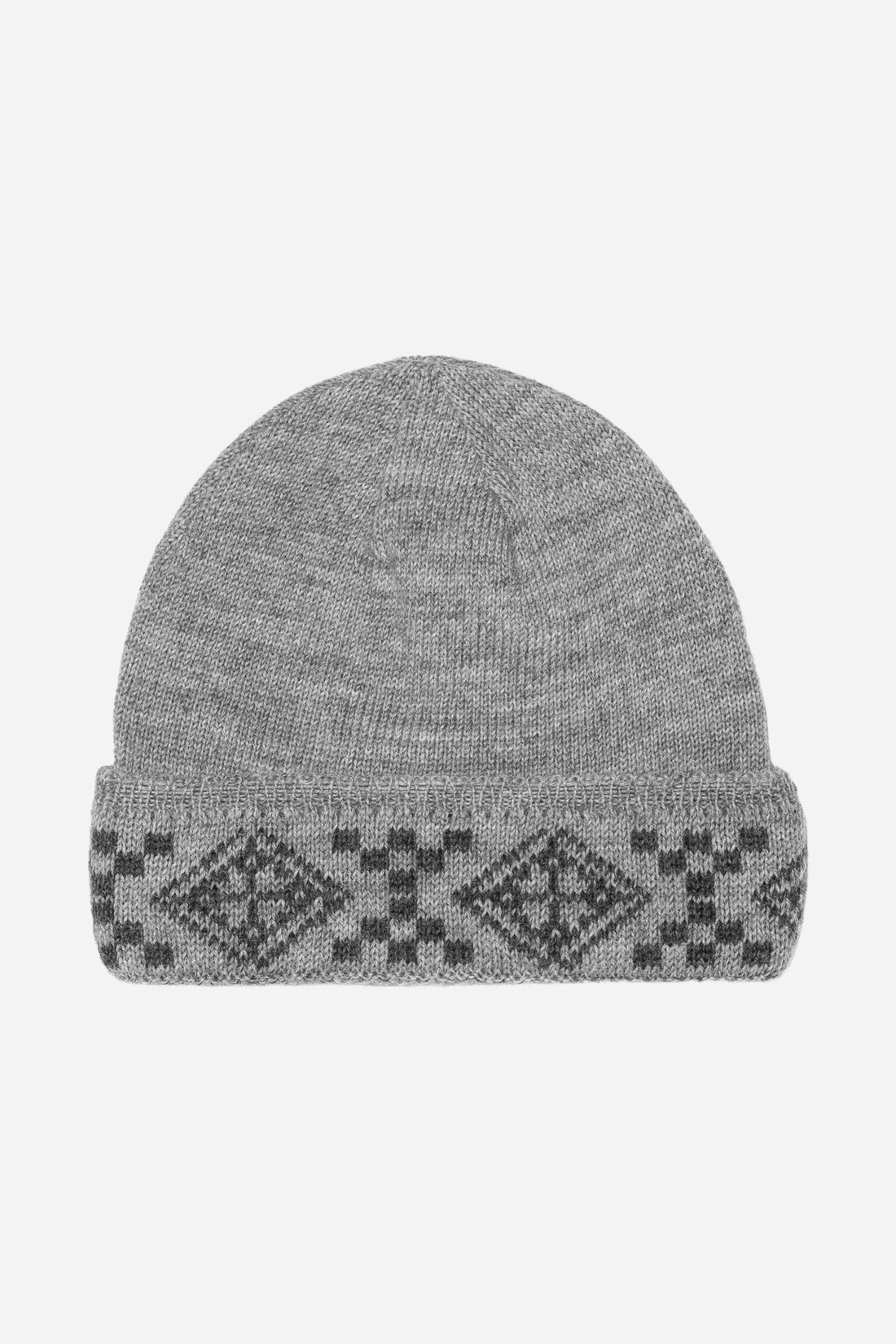 Gray knit beanie with a patterned band on a white background