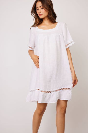 Pistache - Ladder Trimmed Linen Dress - White