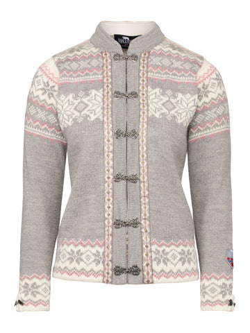 Voss Cardigan in grey against a white background.