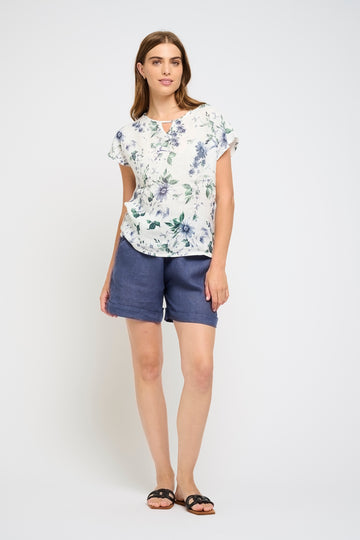 Pistache - Linen Key Hole Top - Green Floral