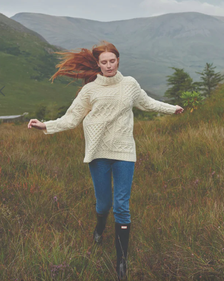 Aran - Merino Oversized Sweater with Cowl Neck - White