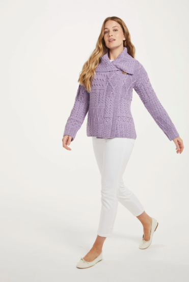 Aran - Merino Patchwork one button collar cardigan - Lavendar