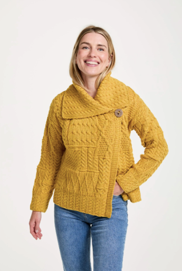 Aran - Merino Patchwork one button collar cardigan - Sunflower