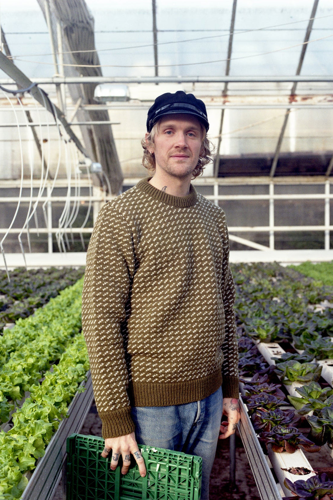 Person holding a crate of vegetables in a greenhouse