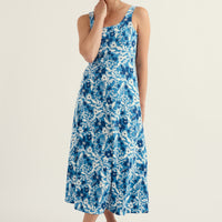 Woman wearing a blue floral dress on a white background