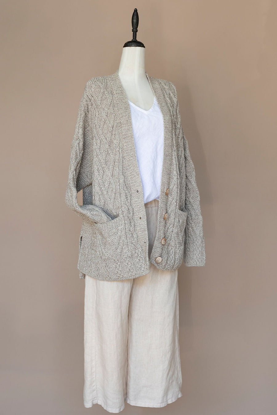 Aran - V-neck Cable Cardigan with Buttons - Feather grey