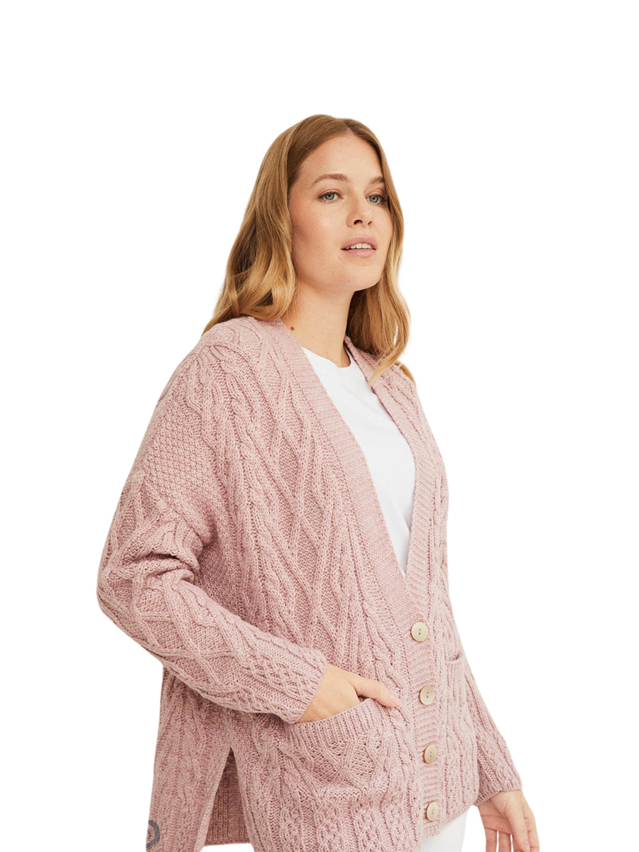 Aran - Vented box Cardigan with Buttons and trellis - Pink