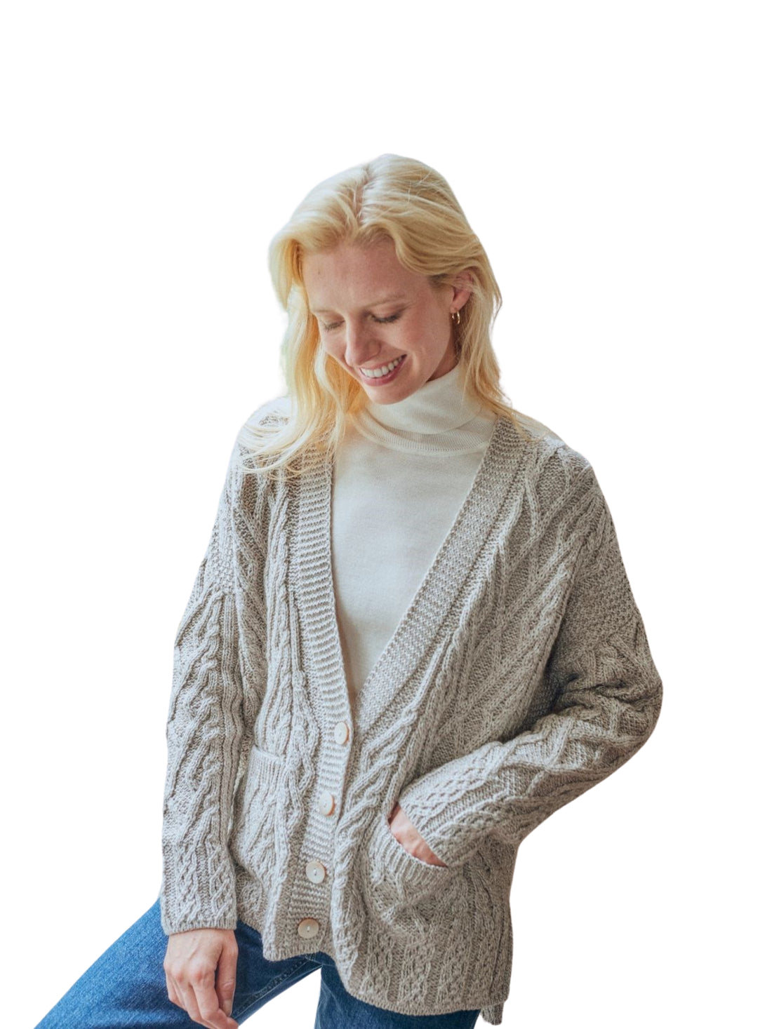 Aran - Vented box Cardigan with Buttons and trellis - Feather grey