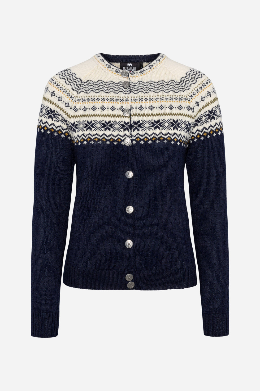Navy sweater with patterned collar on a white background