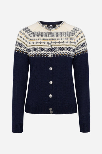 Navy sweater with patterned collar on a white background