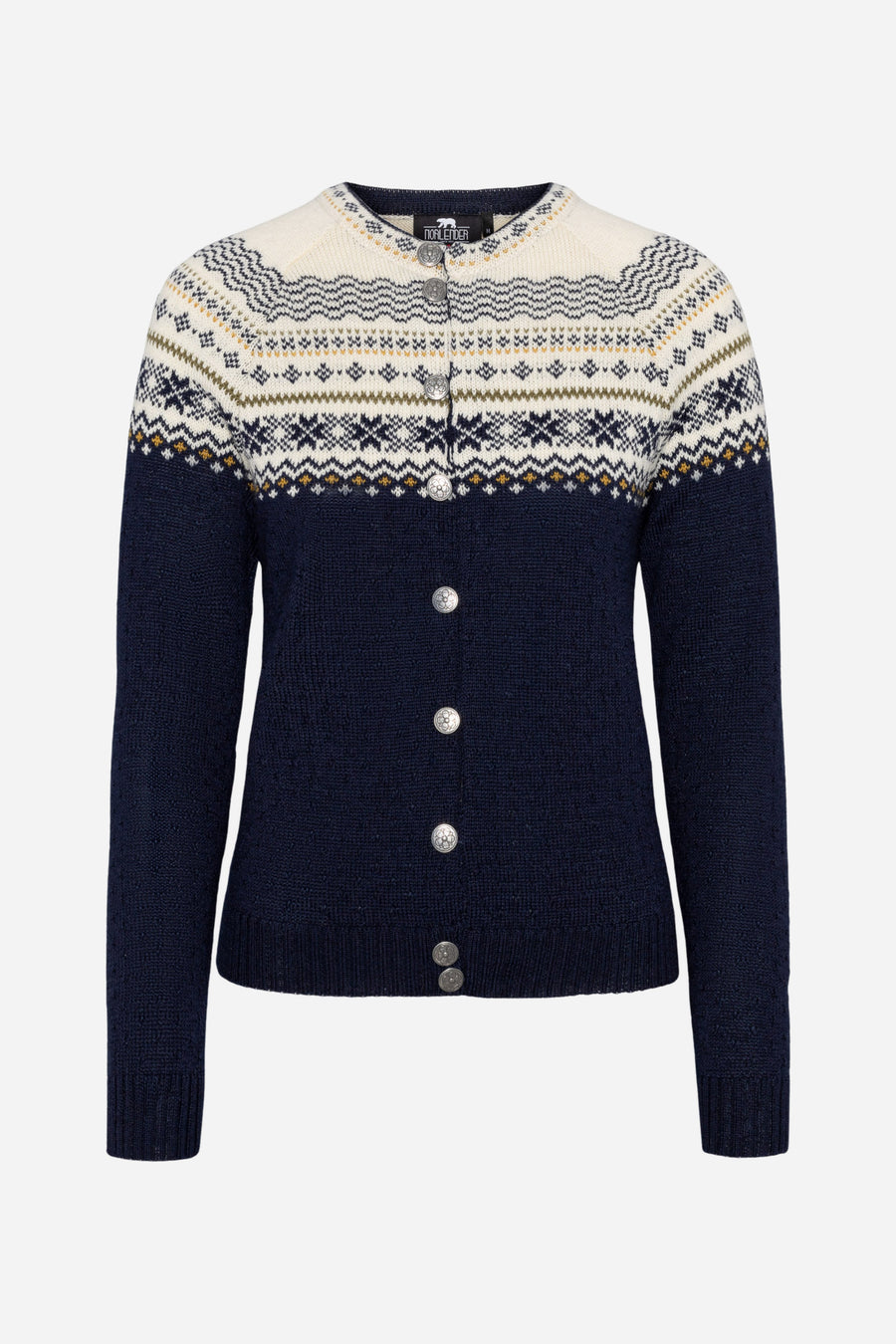 Navy sweater with patterned collar on a white background